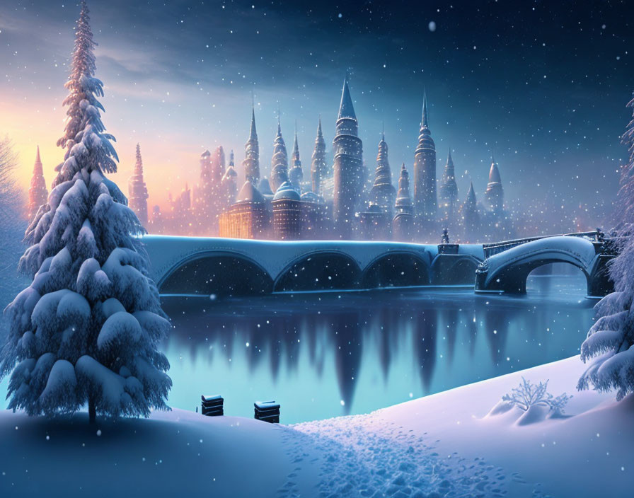 Snow-covered tree, icy river, bridge, city with spires in twilight.