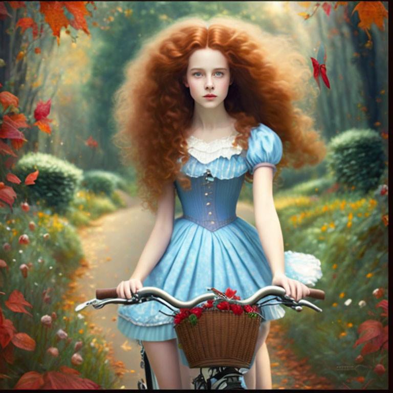 Young woman with curly red hair in blue vintage dress holding bicycle in autumn forest