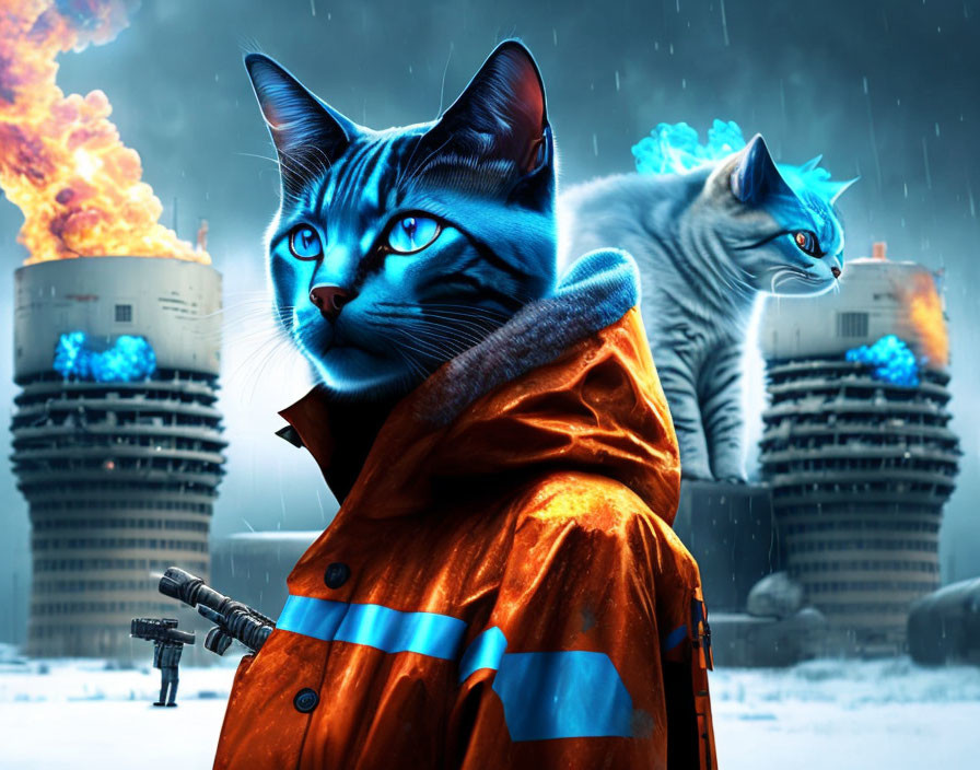 Blue-striped cat in orange jacket in futuristic cityscape with explosions.