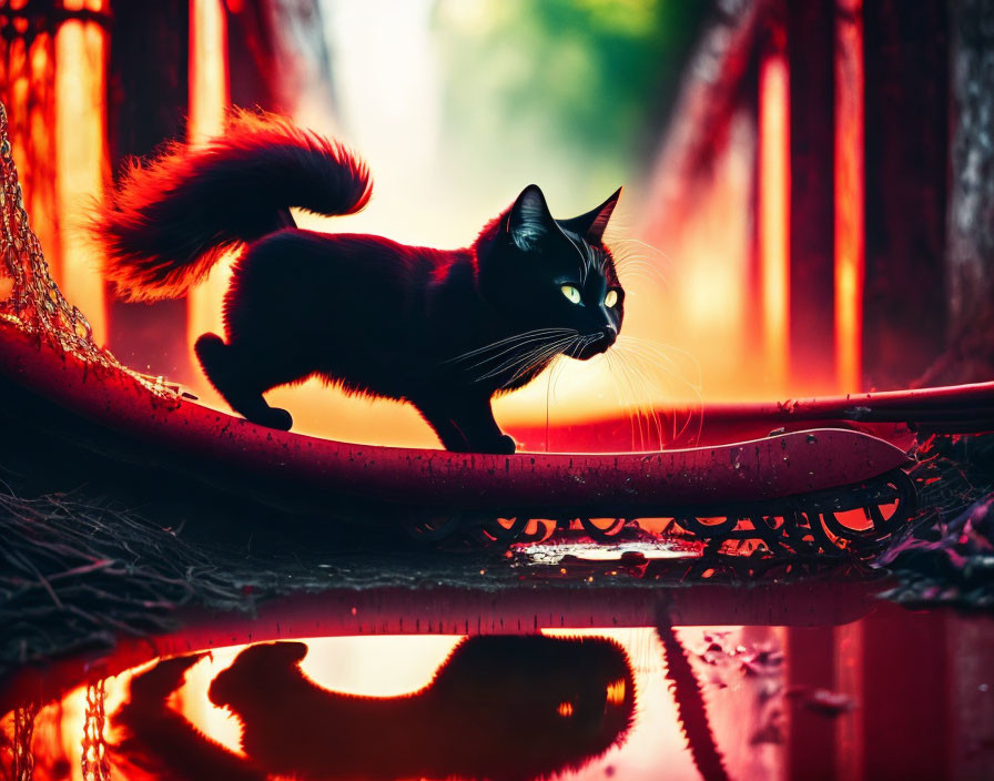 Black Cat with Yellow Eyes Walking on Red Bench in Mystical Forest