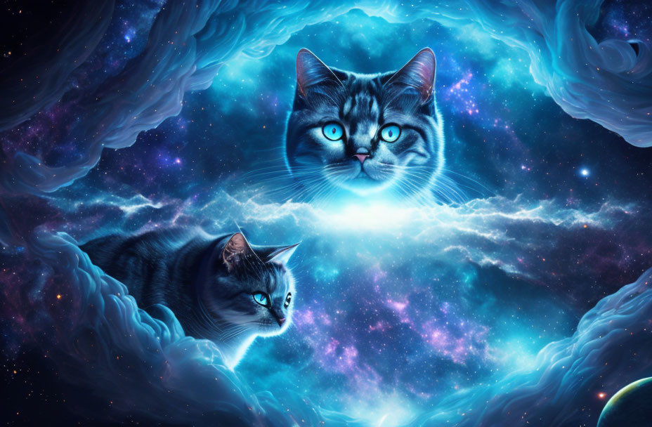 Ethereal cats with blue eyes in cosmic galaxy setting