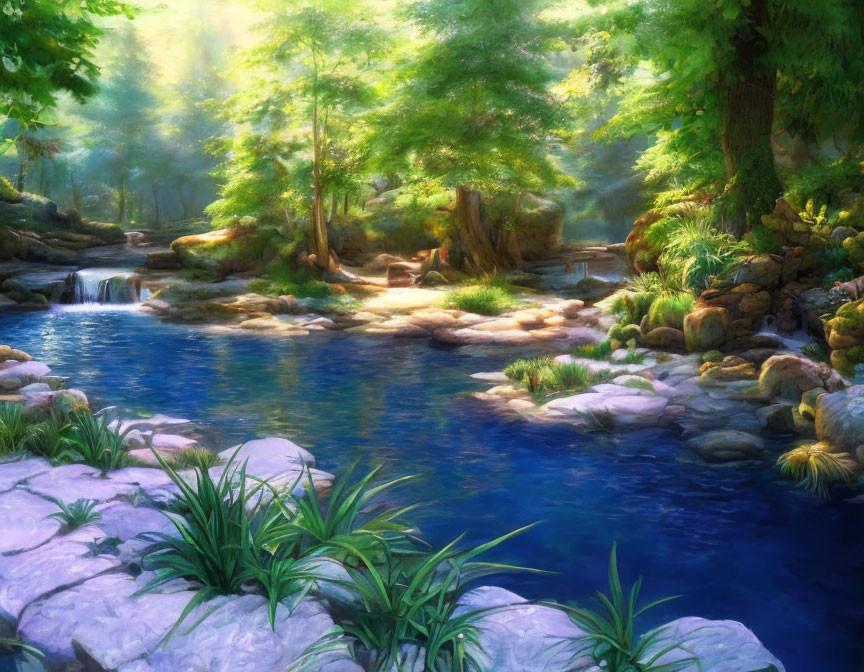 Tranquil forest scene with blue stream and lush green trees