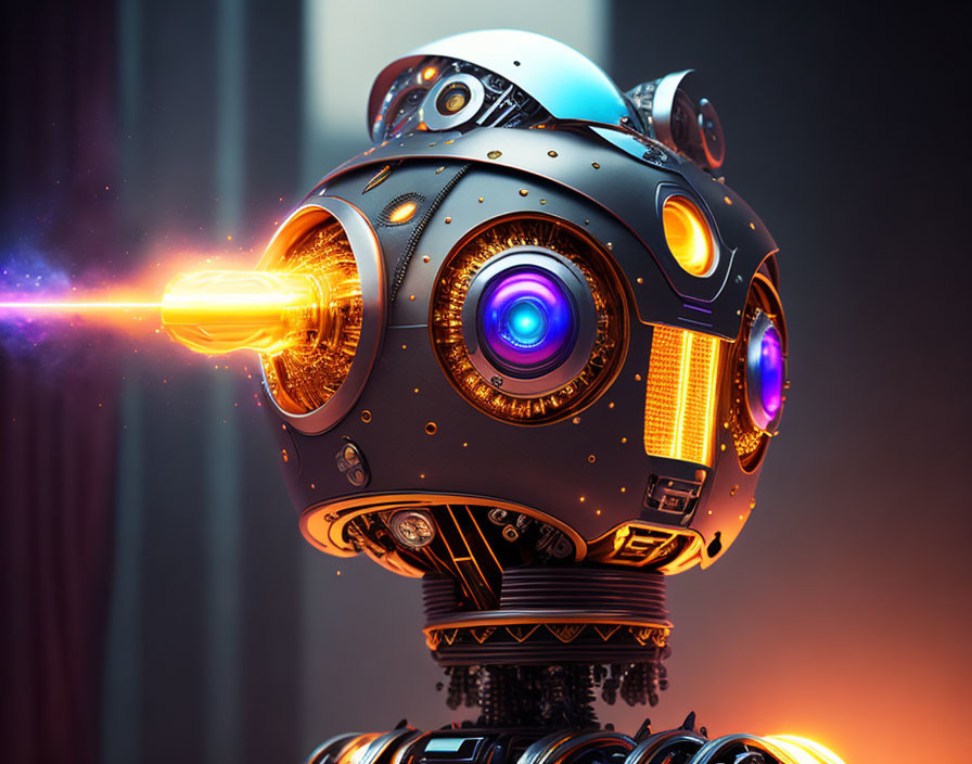 Futuristic robot with black and gold spherical head emitting purple eye and orange energy beam