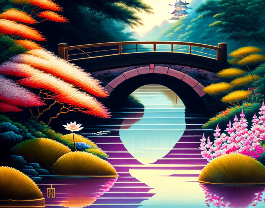 Colorful illustration of idyllic landscape with arched bridge, tranquil waters, lush flora, dusk