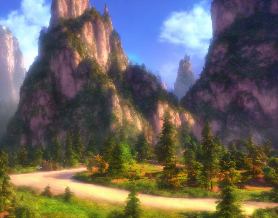 Mystical landscape with towering cliffs and lush greenery