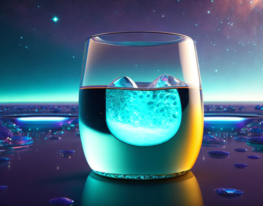 Glass of liquid and ice cubes on cosmic background with surreal glowing surface