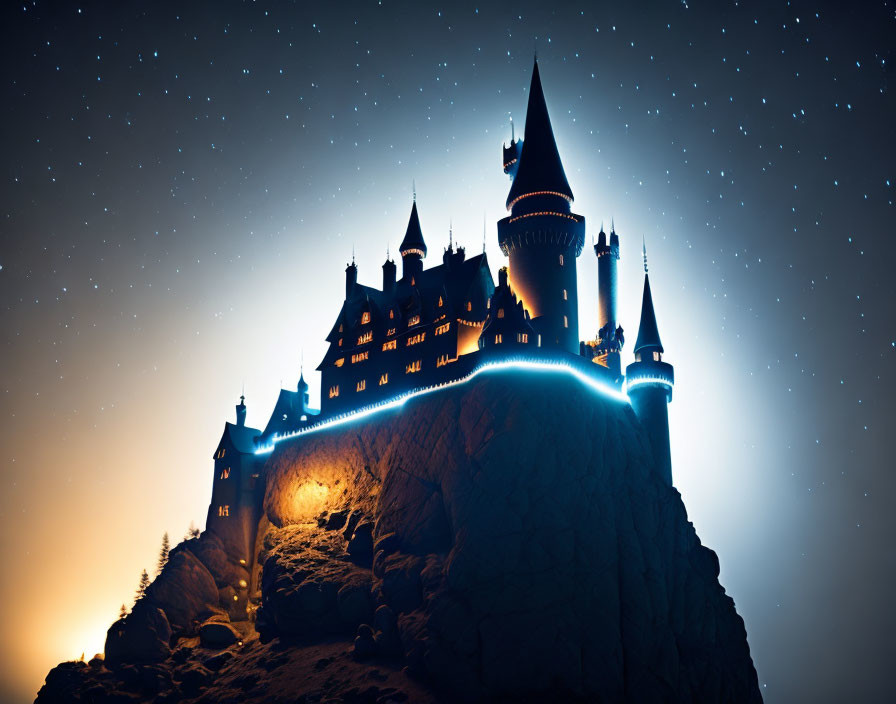 Majestic castle on rugged cliff under starry night sky