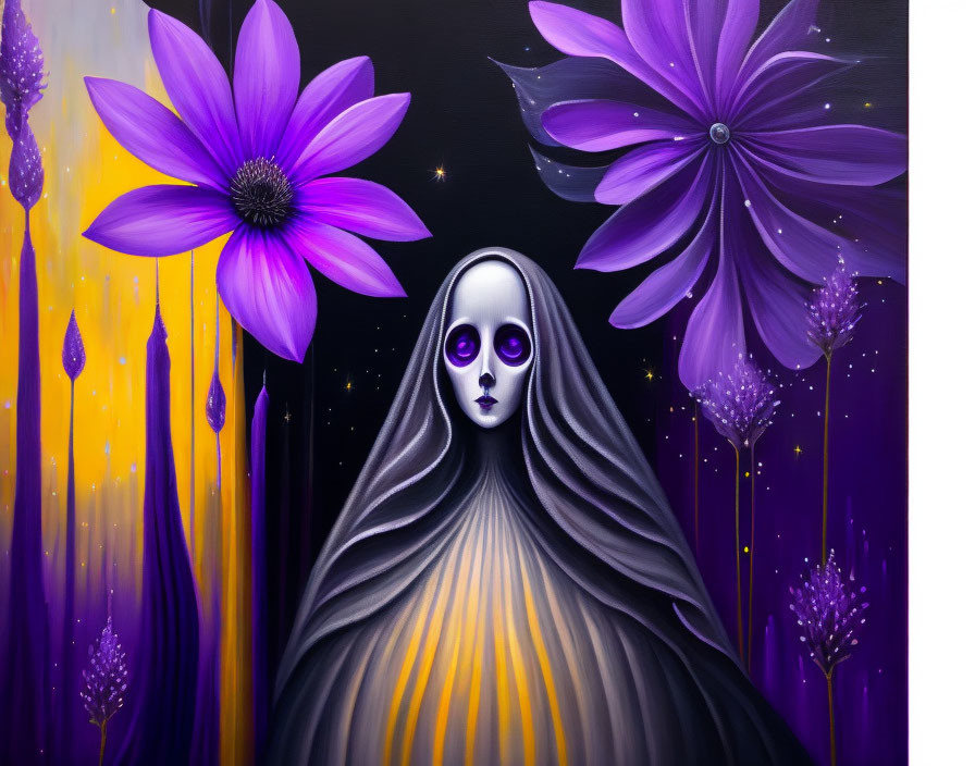 Surreal artwork: Cloaked figure with ghostly face among purple flowers and yellow patterns