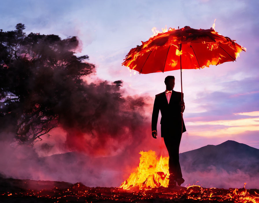 Person silhouetted with flaming umbrella in fiery landscape