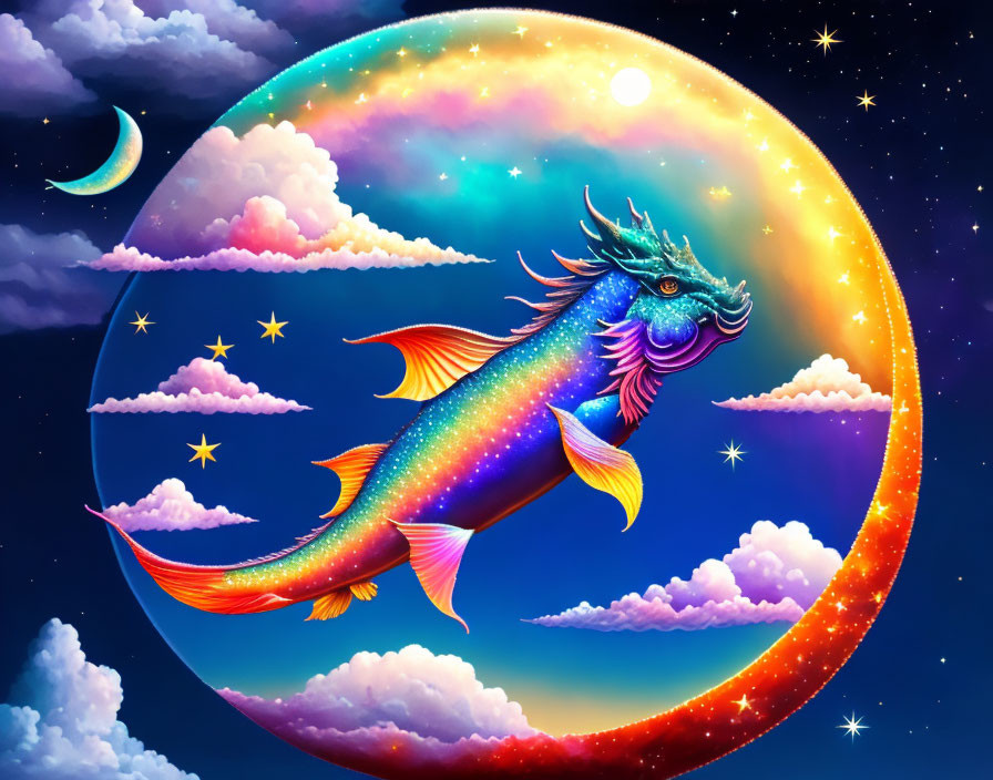 Colorful dragon-like fish flying in whimsical sky with rainbow planet.