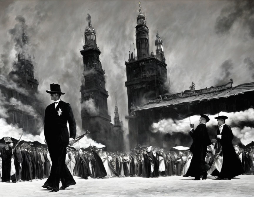 Monochromatic image of people in historic attire with towering structures and mist.