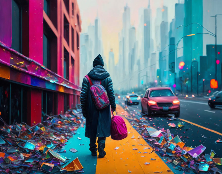 Hooded figure on colorful street with shattered CDs and foggy skyscrapers