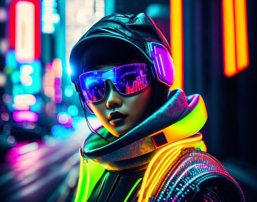 Colorful Neon Lights Woman in Reflective Sunglasses & Futuristic Outfit