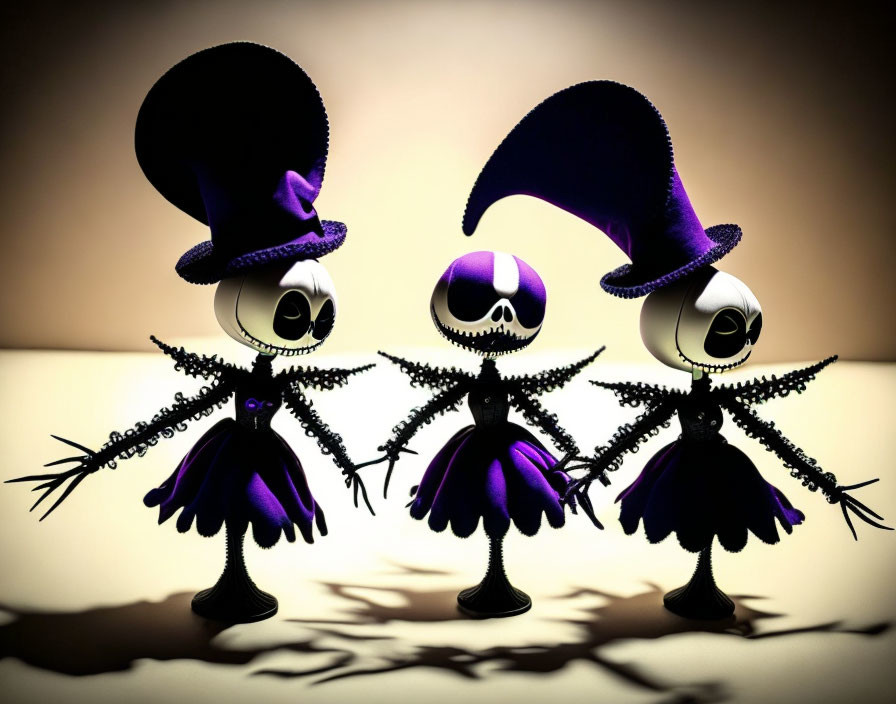 Stylized figures in purple hats and cloaks under spotlight