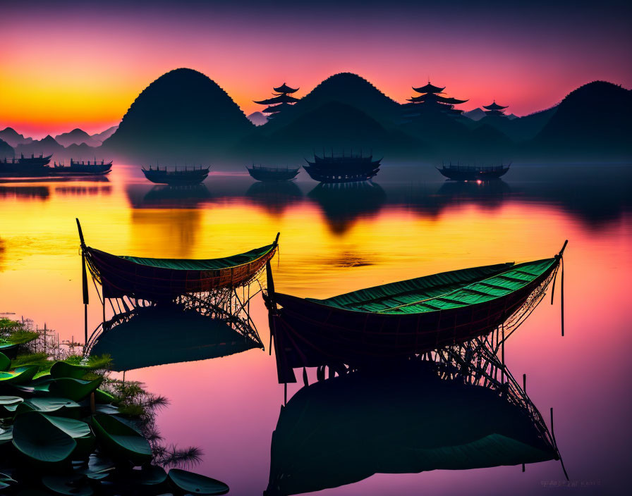 Traditional boats on serene lake at sunset with silhouetted mountains