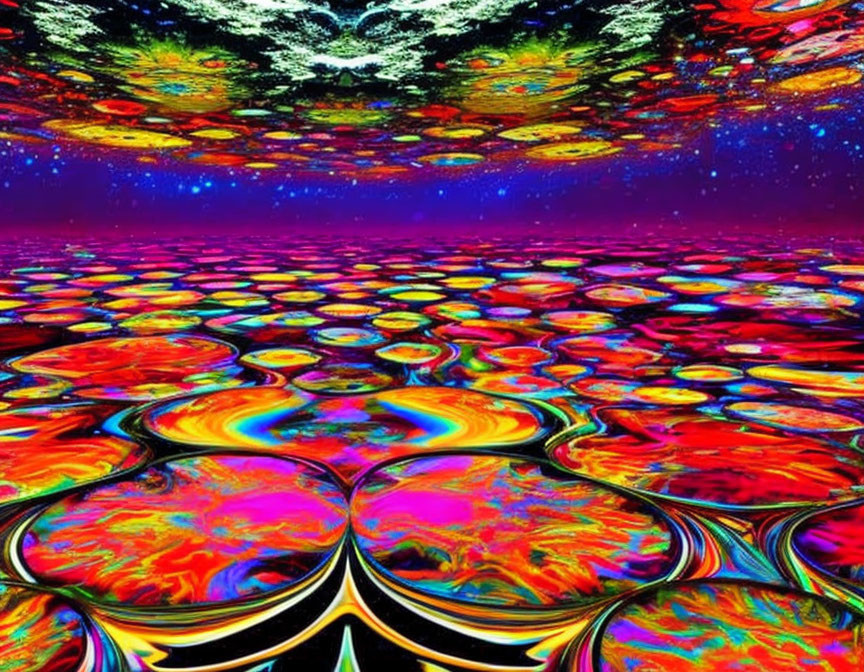 Colorful Psychedelic Landscape with Rippling Floor and Swirling Sky