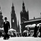 Monochromatic image of people in historic attire with towering structures and mist.