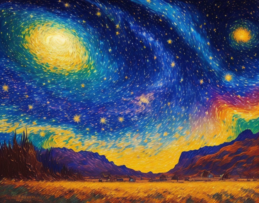 Vibrant painting of starry night sky with swirling yellow and blue patterns