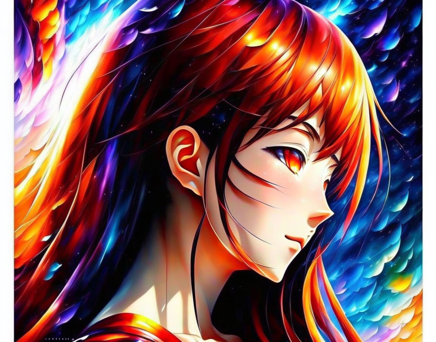 Vivid Anime-Style Illustration of Female Character with Amber Eyes and Red Hair