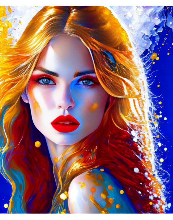 Colorful portrait of a woman with blue eyes, red lips, and vibrant multi-colored hair.