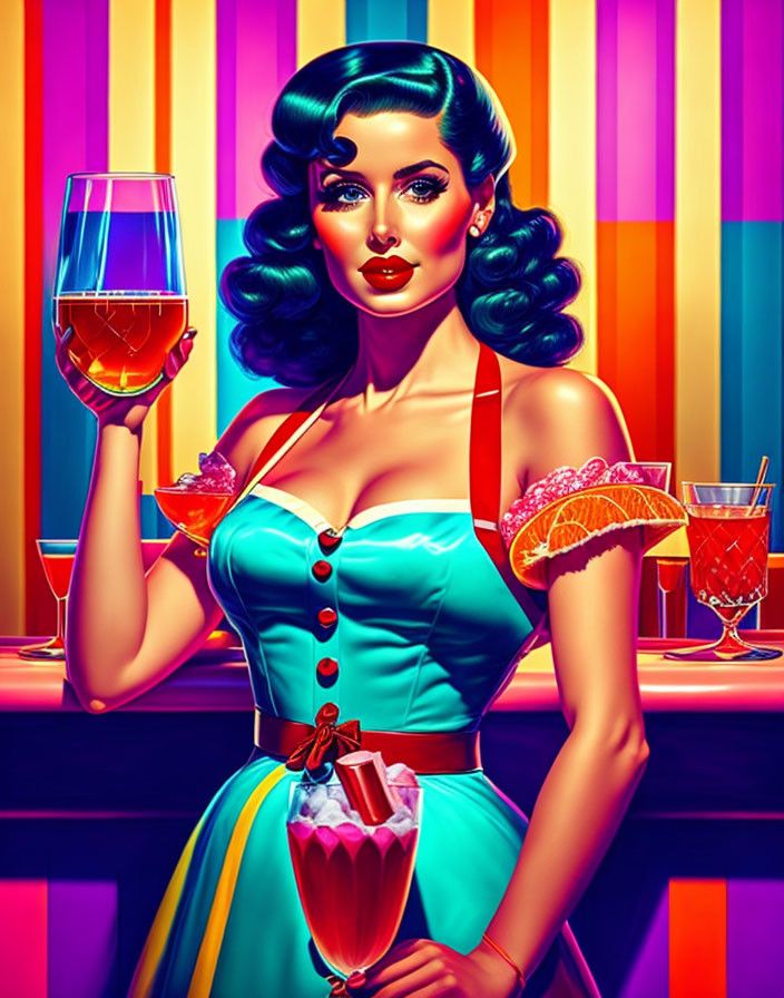 Colorful Vintage Style Woman with Cocktail and Bar Drinks