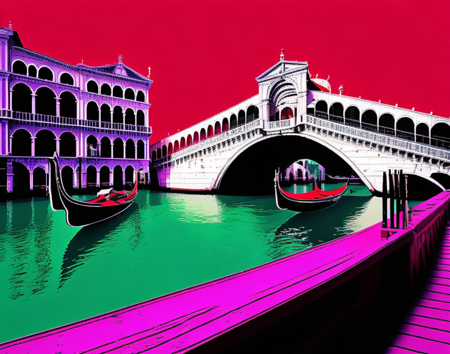 Digitally altered photo of Rialto Bridge in Venice with magenta, cyan, and black color