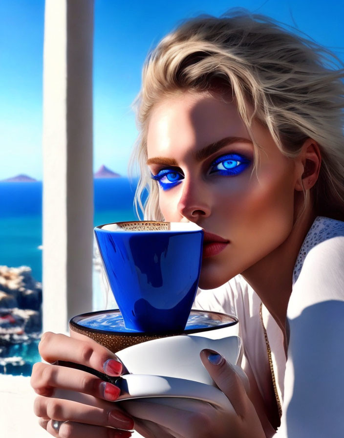 Digital artwork: Woman with blue eyes holding a cup in coastal setting