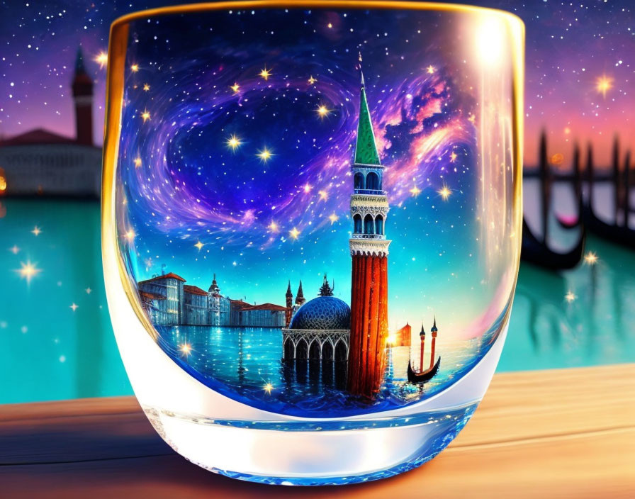 Cosmic Venice Scene with Stars and Galaxies in Glass