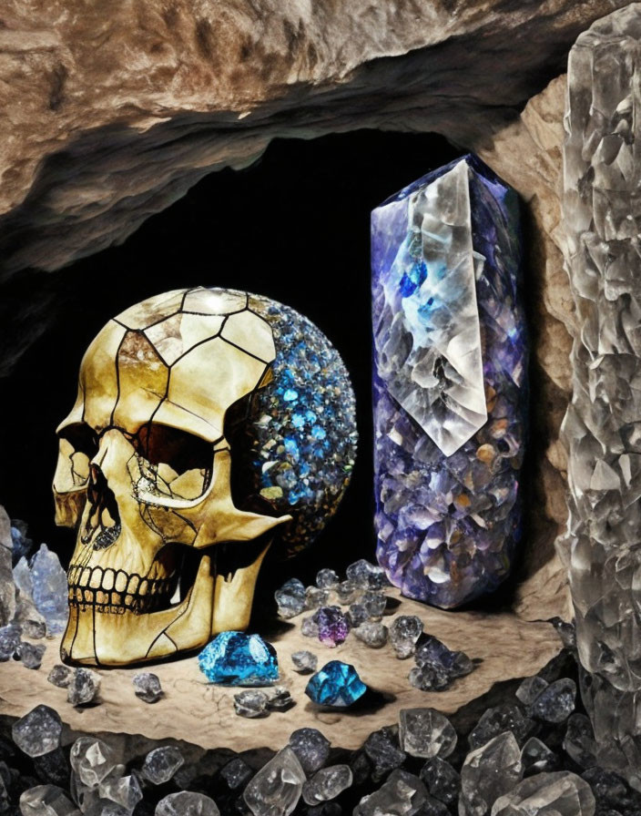 Cracked golden skull, blue geode, purple crystal cluster in rocky cavern