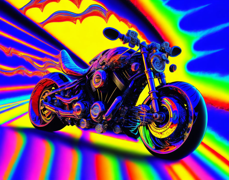 Intricate Motorcycle on Psychedelic Background with Swirling Colors