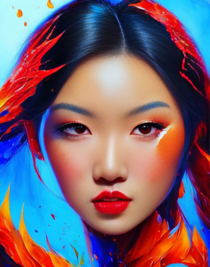 Woman portrait with blue and red fiery paint splashes