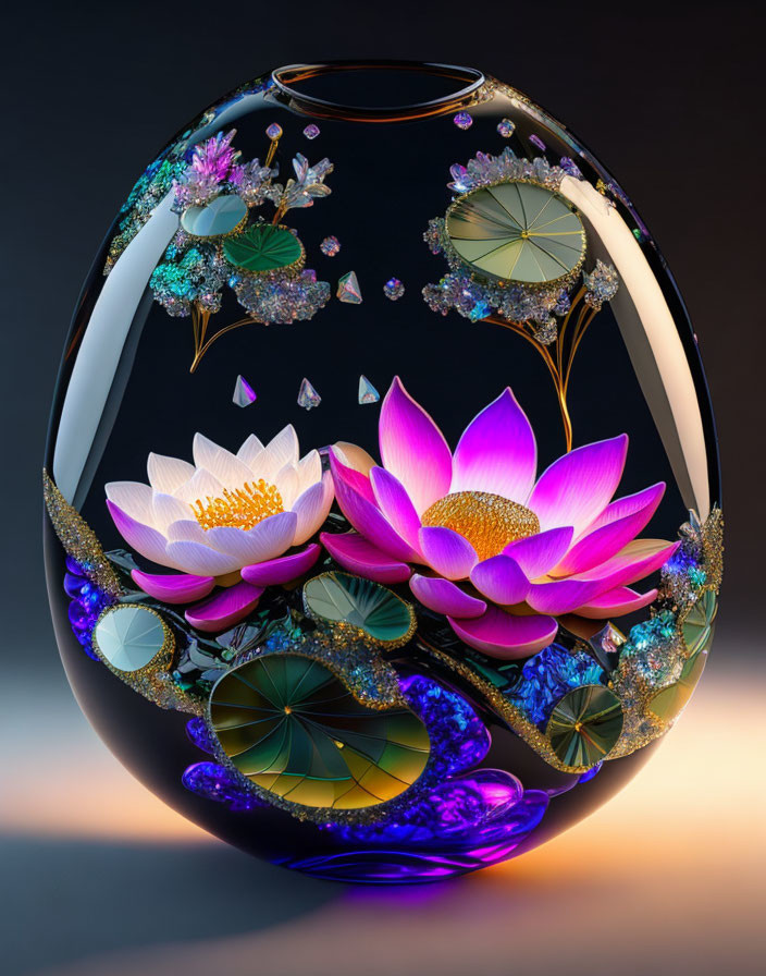 3D rendered glass vase with pink lotus flowers and gold embellishments