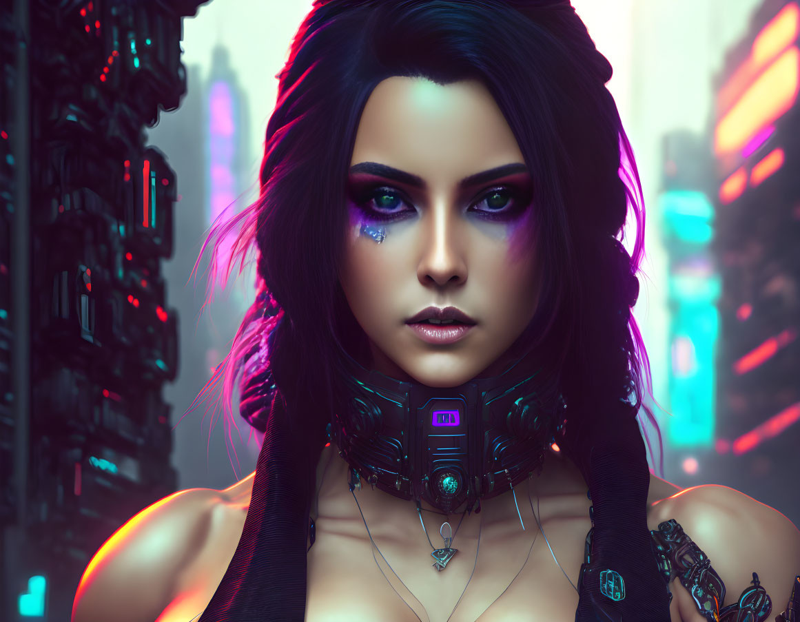 Digital artwork of woman with purple hair, cybernetic enhancements, futuristic collar, neon cityscape.