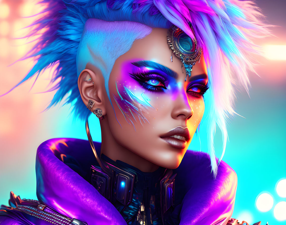 Colorful Digital Portrait of Woman with Mohawk and Futuristic Accessories