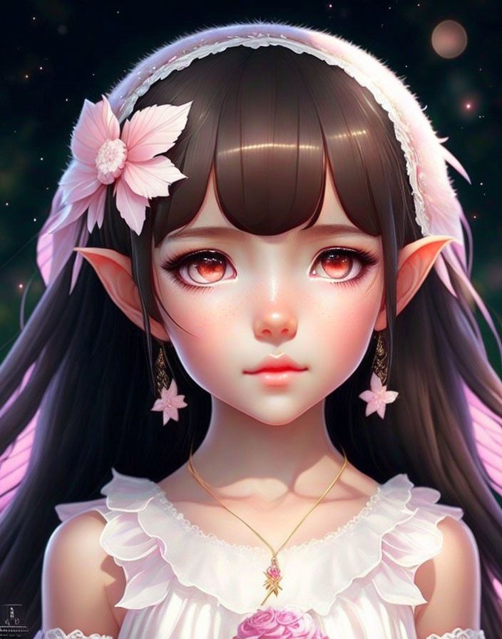 Digital illustration: Female character with large brown eyes, pointy ears, headband with flowers, dark