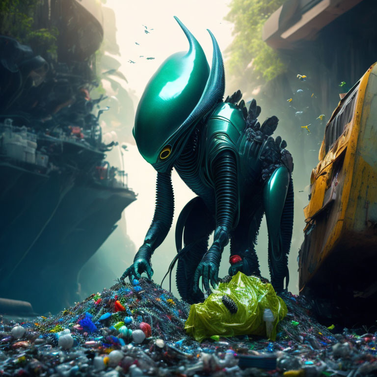 Colorful alien creature in sleek suit crouching over waste with butterflies in dystopian alley