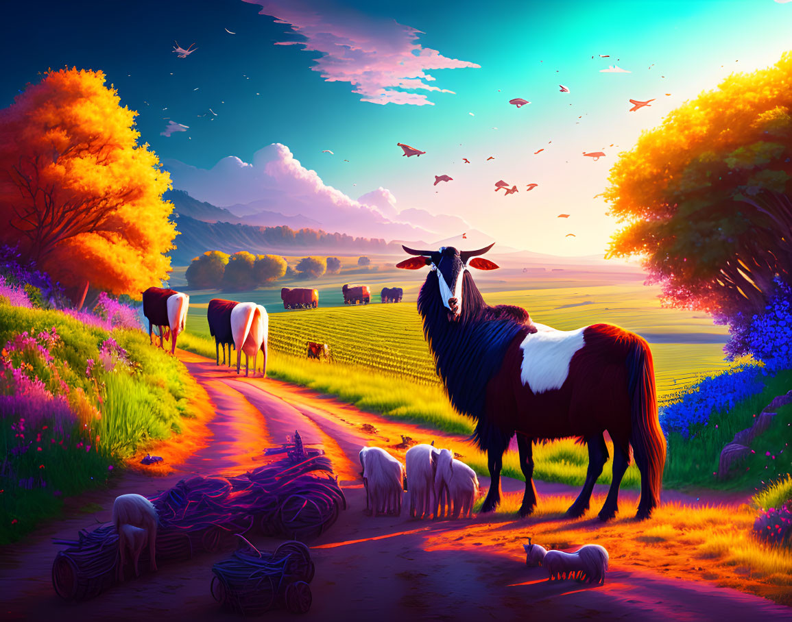 Majestic goat on path with grazing sheep under vibrant sunset sky