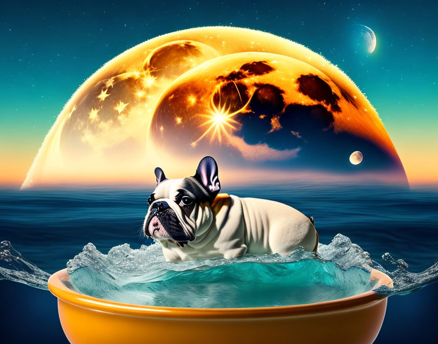 French Bulldog in Floating Tub on Surreal Ocean with Oversized Moon