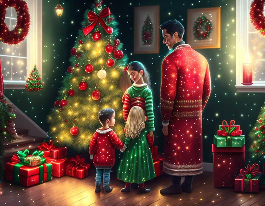 Family in festive attire admires decorated Christmas tree with gifts in warmly lit interior