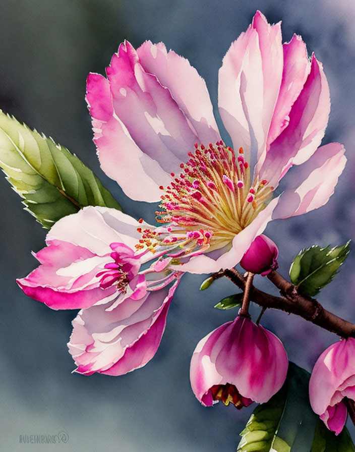 Detailed Watercolor Painting of Pink Blossom on Blue Background