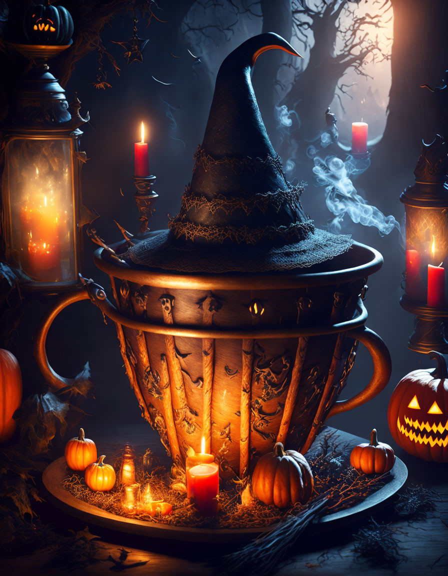 Spooky Halloween scene: Witch's hat, cauldron, candles, pumpkins in dark forest