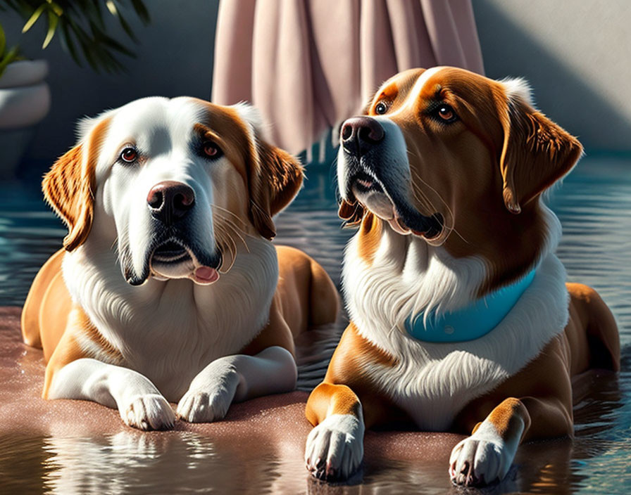 Two dogs with glossy coats lying down side by side, one with a blue collar, indoors with nature