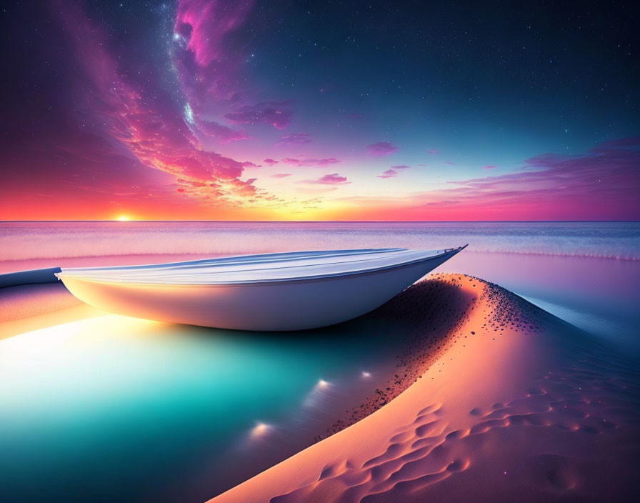 Tranquil twilight beach scene with boat, vibrant sky, stars, and colorful reflections.