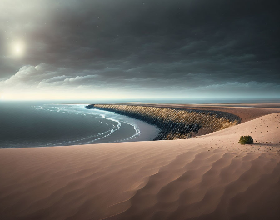 Sunlit sand dune with bush, forest, sea, and brooding sky
