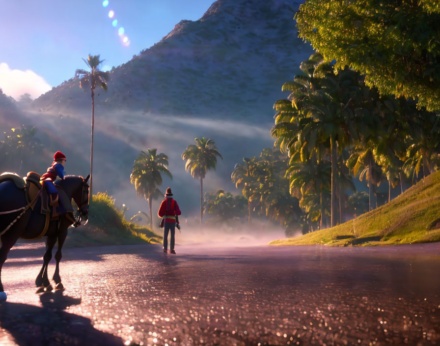 Two People in Red Coats on Misty Road with Palm Trees and Hills