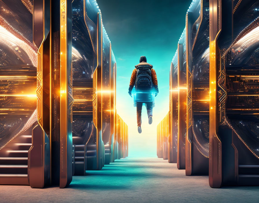 Levitating figure among futuristic server racks under dramatic sky