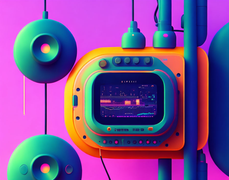 Vintage Orange Television with Teal Speakers on Purple Background