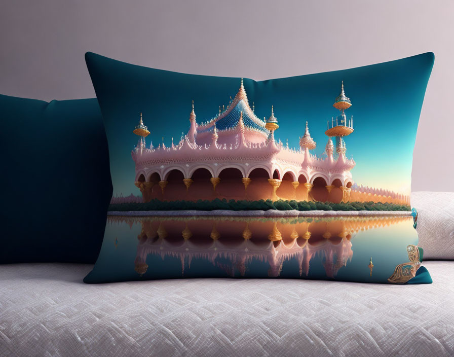 Ornate palace reflection decorative pillow on bed