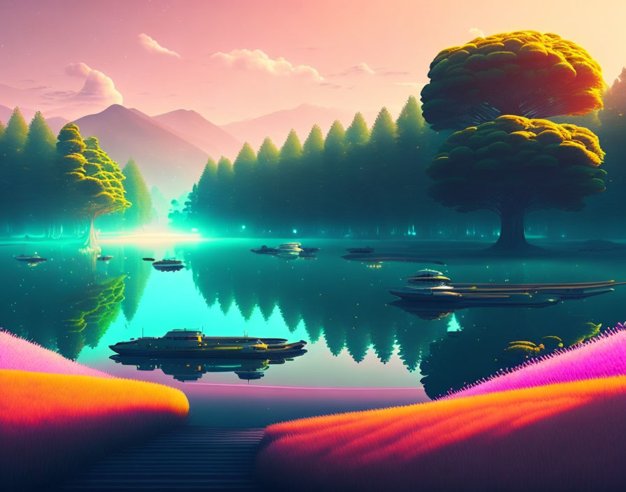 Surreal neon-lit landscape with futuristic boats and luminous tree