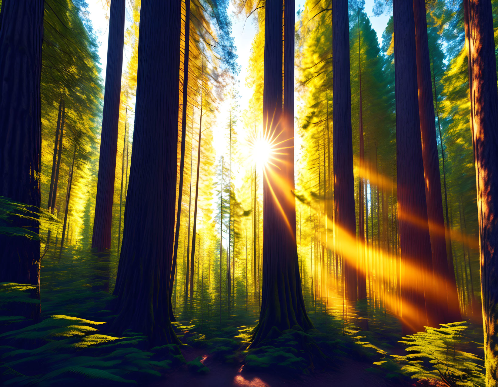 Vibrant sunlight through dense forest of tall trees